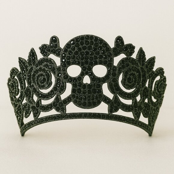 Silver Skull and Floral Tiara, clear gems, silver coloured mount - Picture 9 of 10